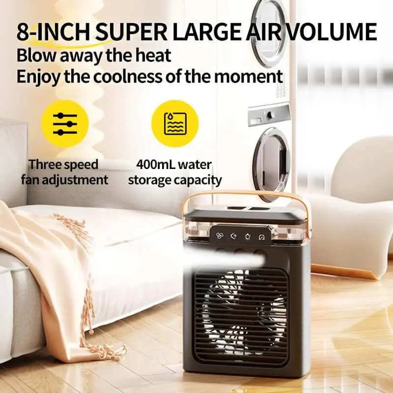 USB-powered mini portable air conditioner fan with three-speed adjustment and 400ml water capacity, ideal for personal cooling.