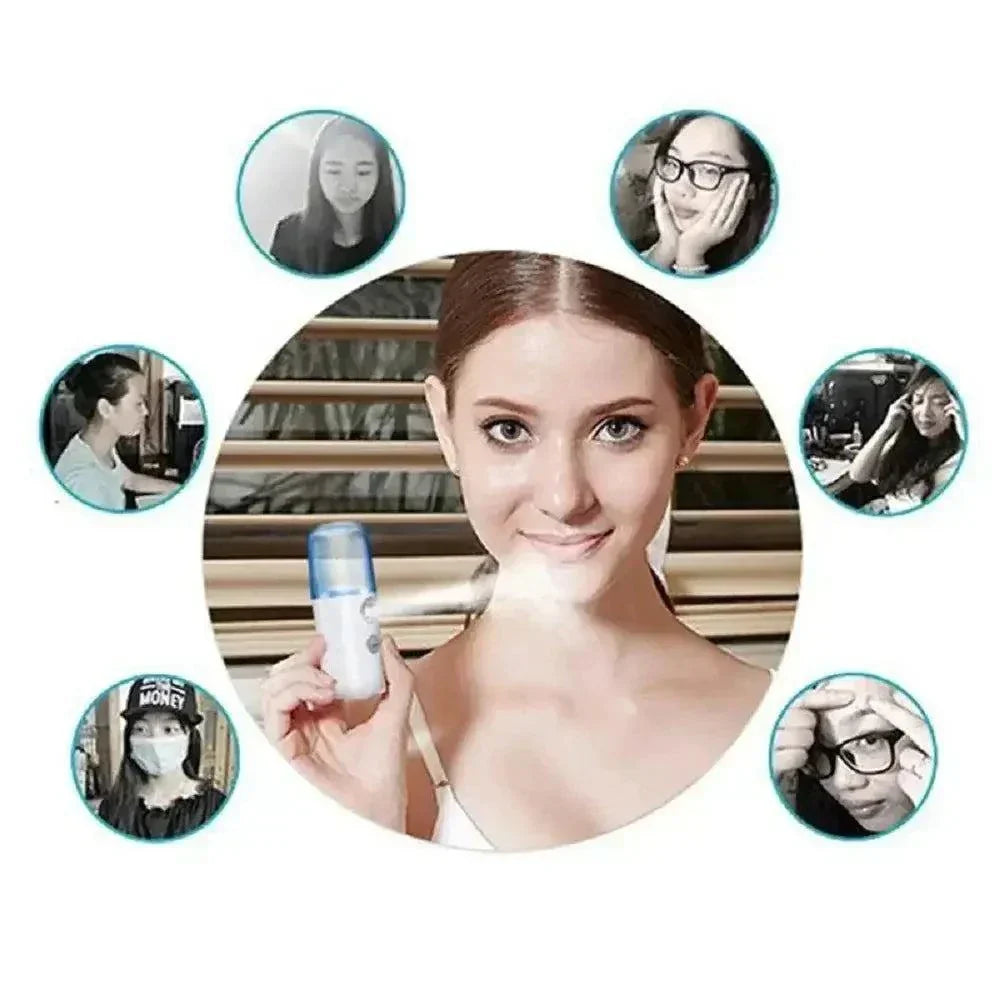 USB Facial Sprayer Moisturising Mist, woman using portable skincare device indoors.