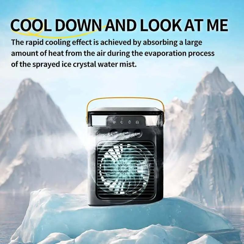 Portable USB-powered mini air conditioner fan on an icy mountain background.