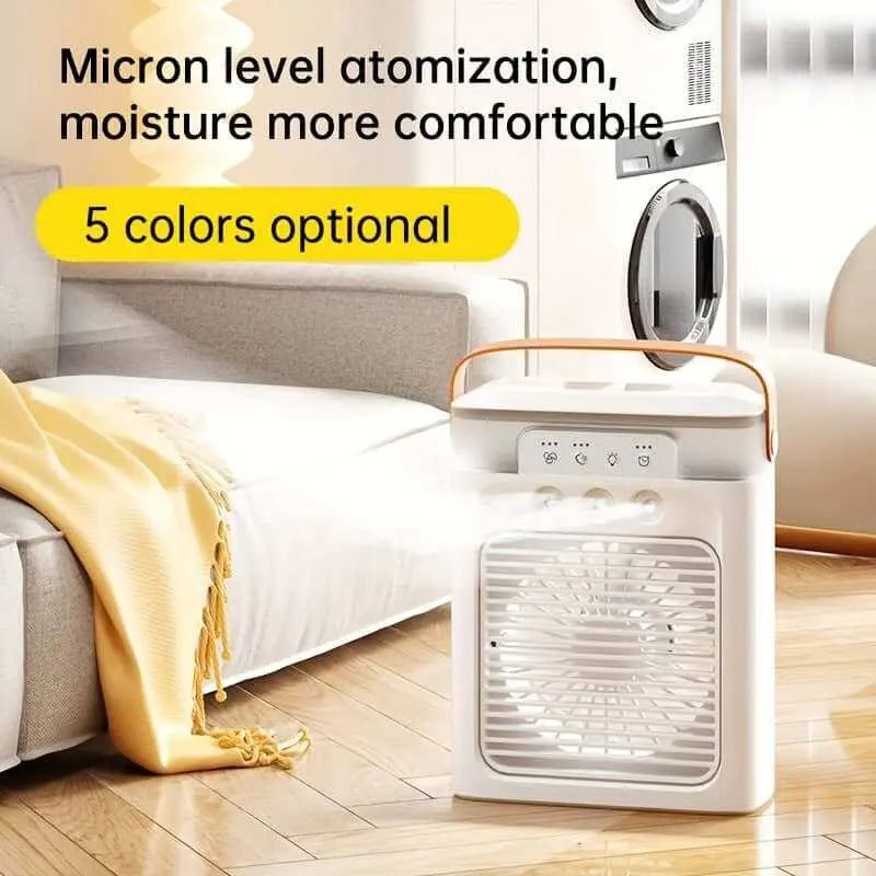 Portable USB-powered mini air conditioner fan with moisture control and color options.