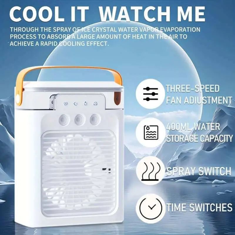 USB-Powered Mini Portable Air Conditioner Fan with three-speed settings and 400ml water storage capacity.