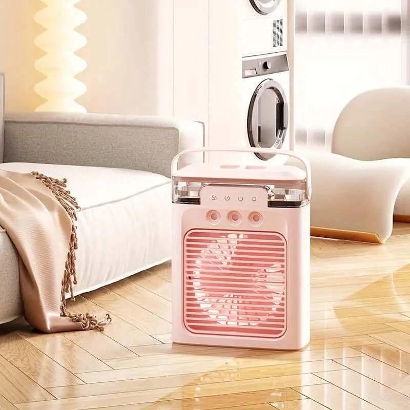 Portable USB-powered mini air conditioner fan in a stylish living room setting, ideal for personal cooling and travel.