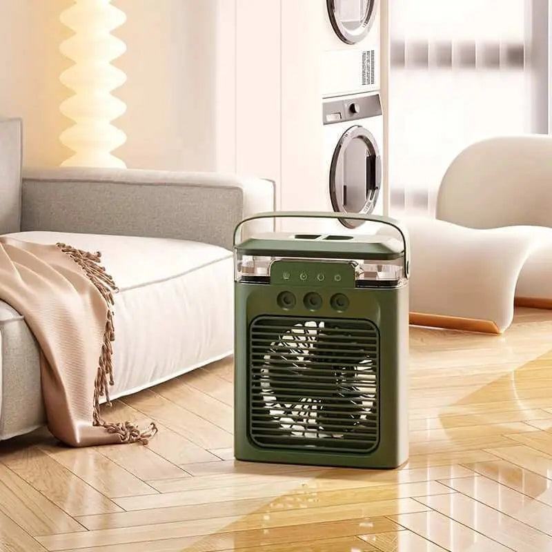 USB-powered mini portable air conditioner fan in a modern living room setting.