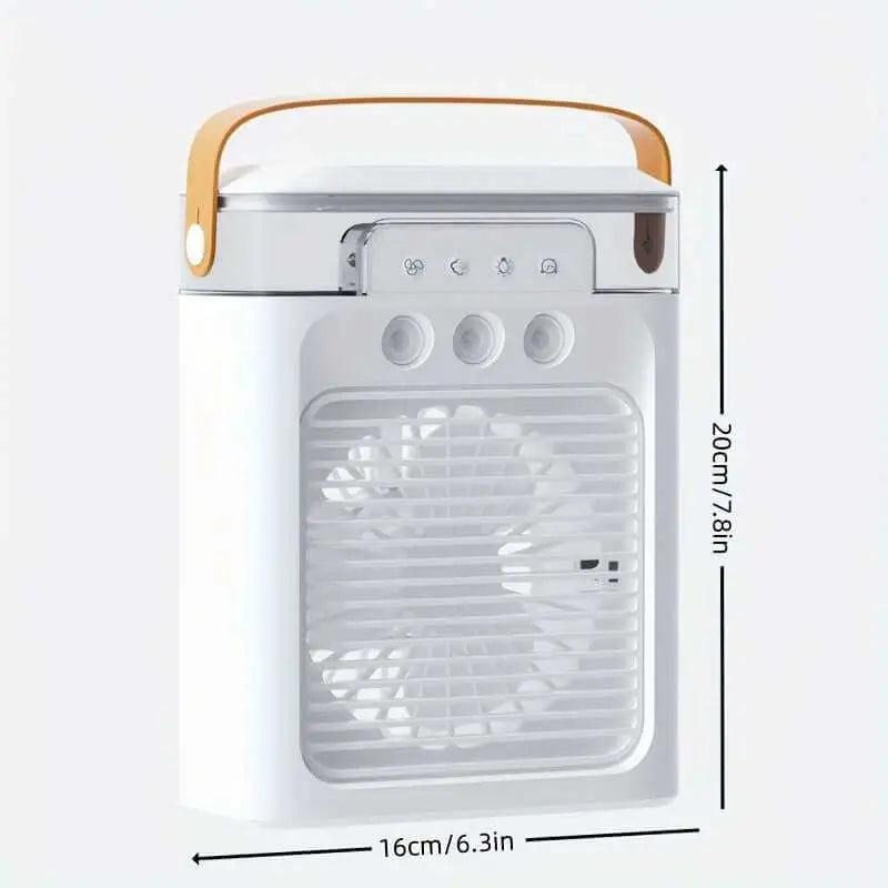 USB-powered mini portable air conditioner fan with compact design.
