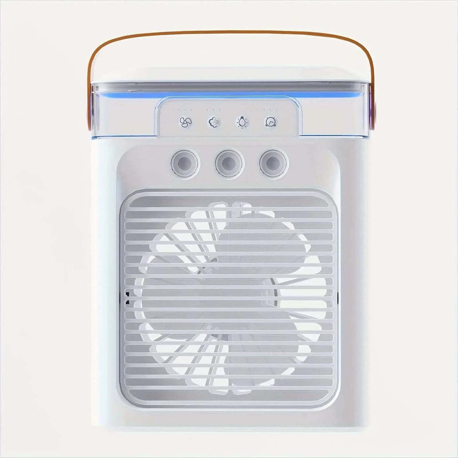 Mini portable air conditioner fan with USB power; sleek, compact design for personal cooling.