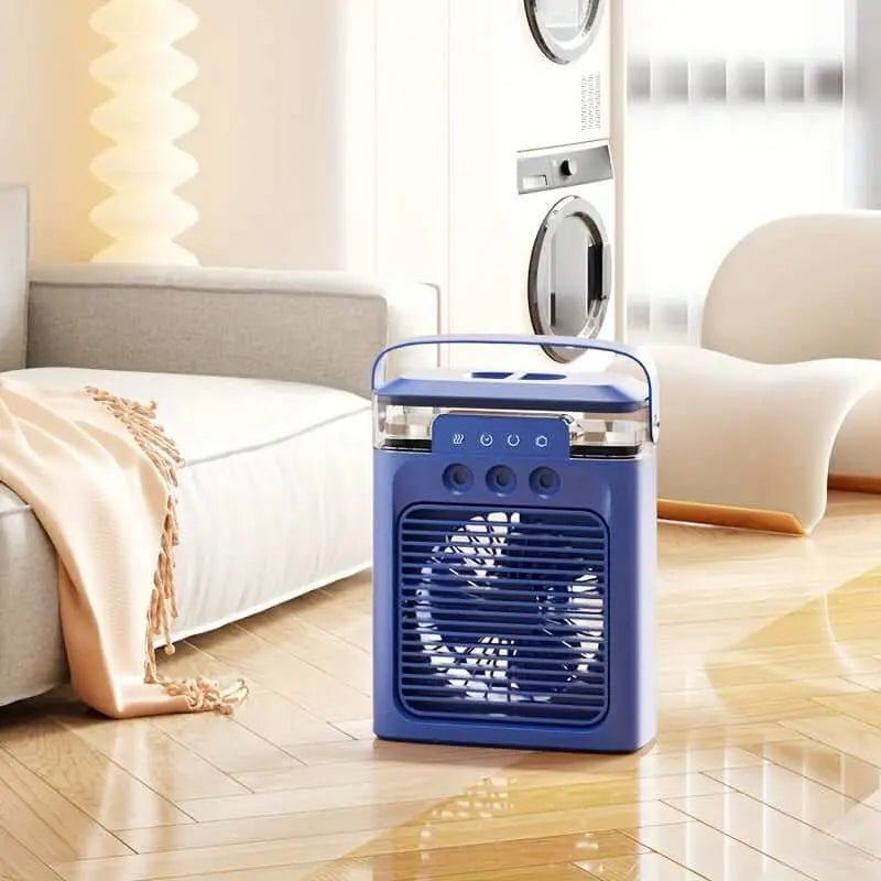 USB-Powered Mini Portable Air Conditioner Fan for personal cooling in home setting.