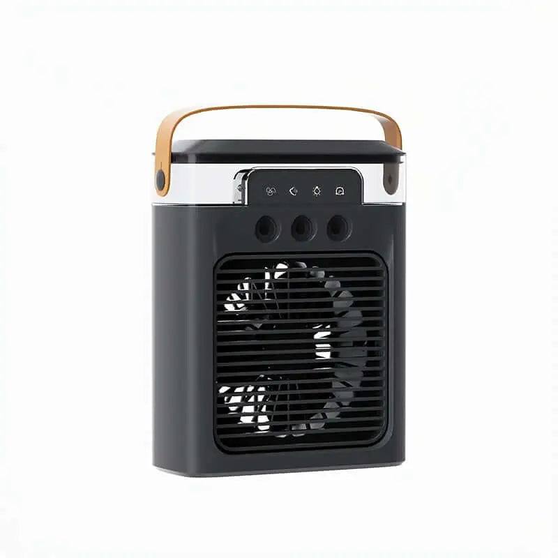 USB-powered mini portable air conditioner fan with sleek design for personal cooling.
