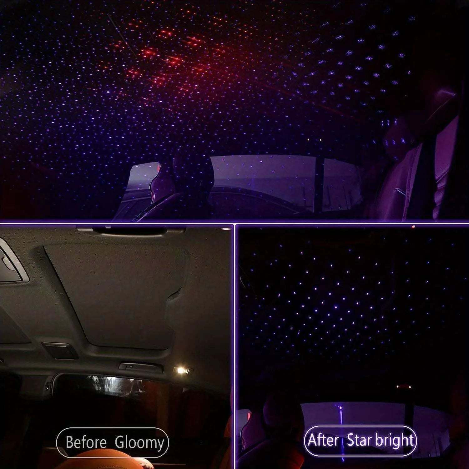 USB Star Projector Night Light creating starry effect in car interior.