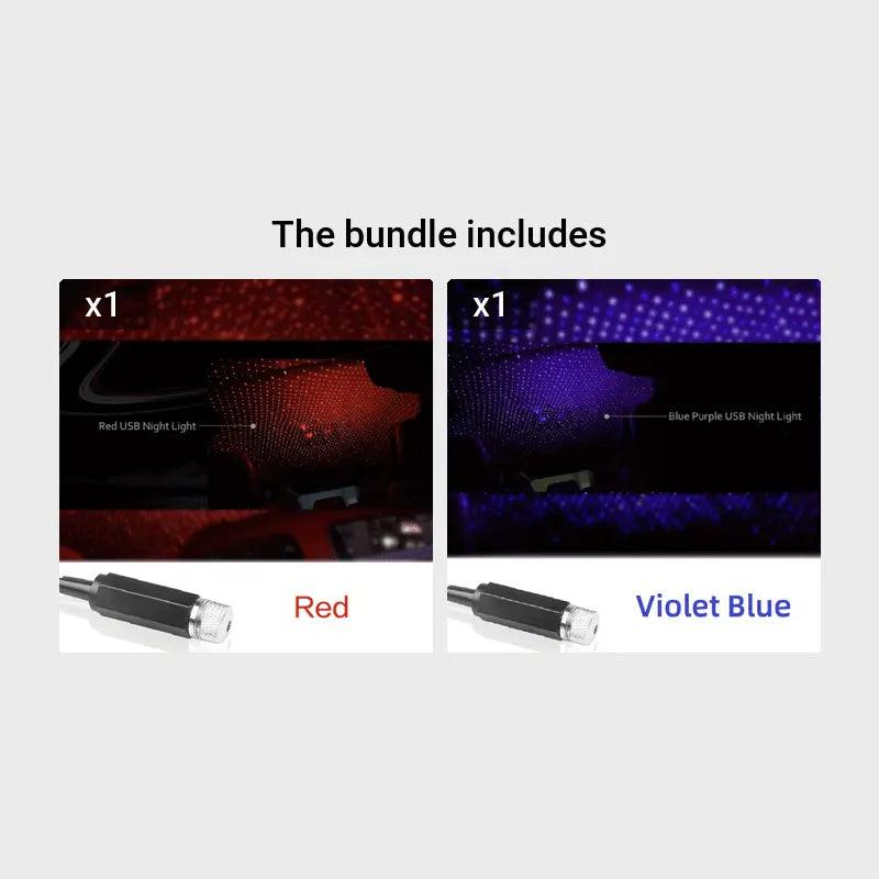 USB star projector night light bundle in red and violet blue colors.