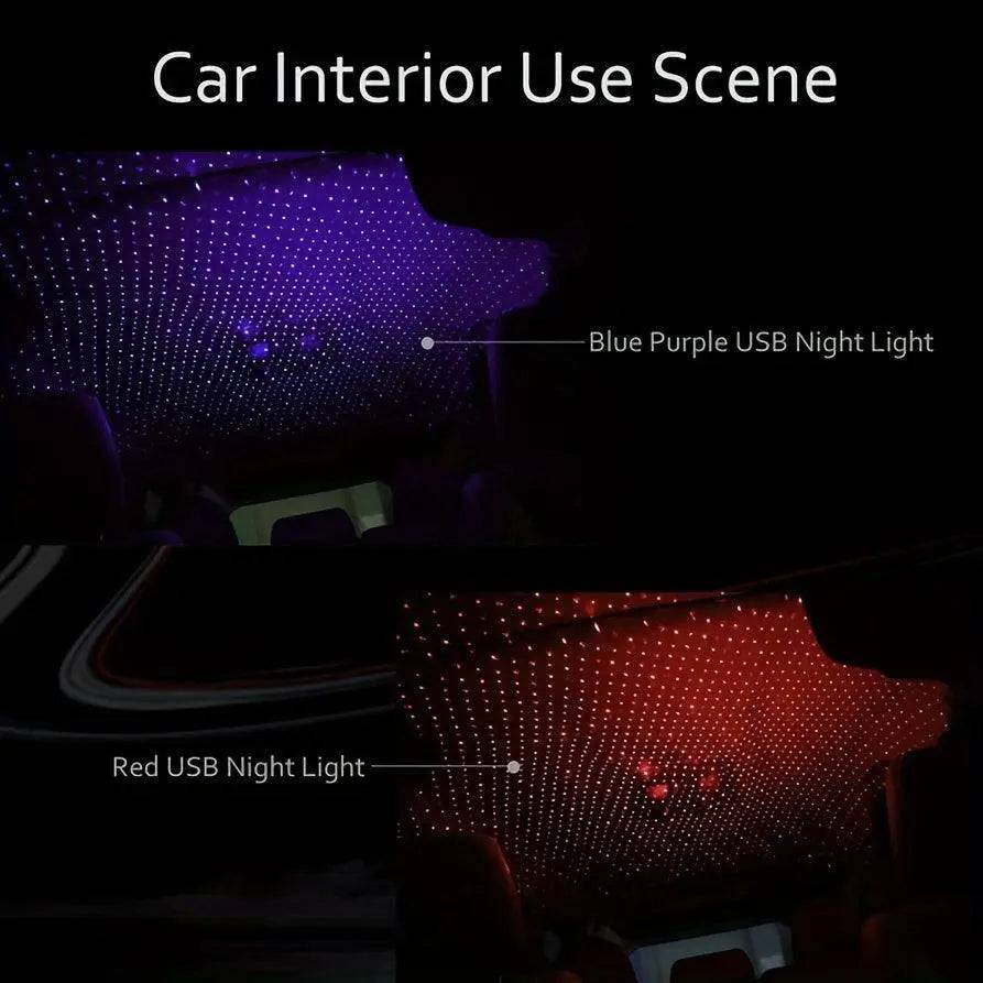 USB Star Projector Night Light illuminating car interior with purple and red star patterns.