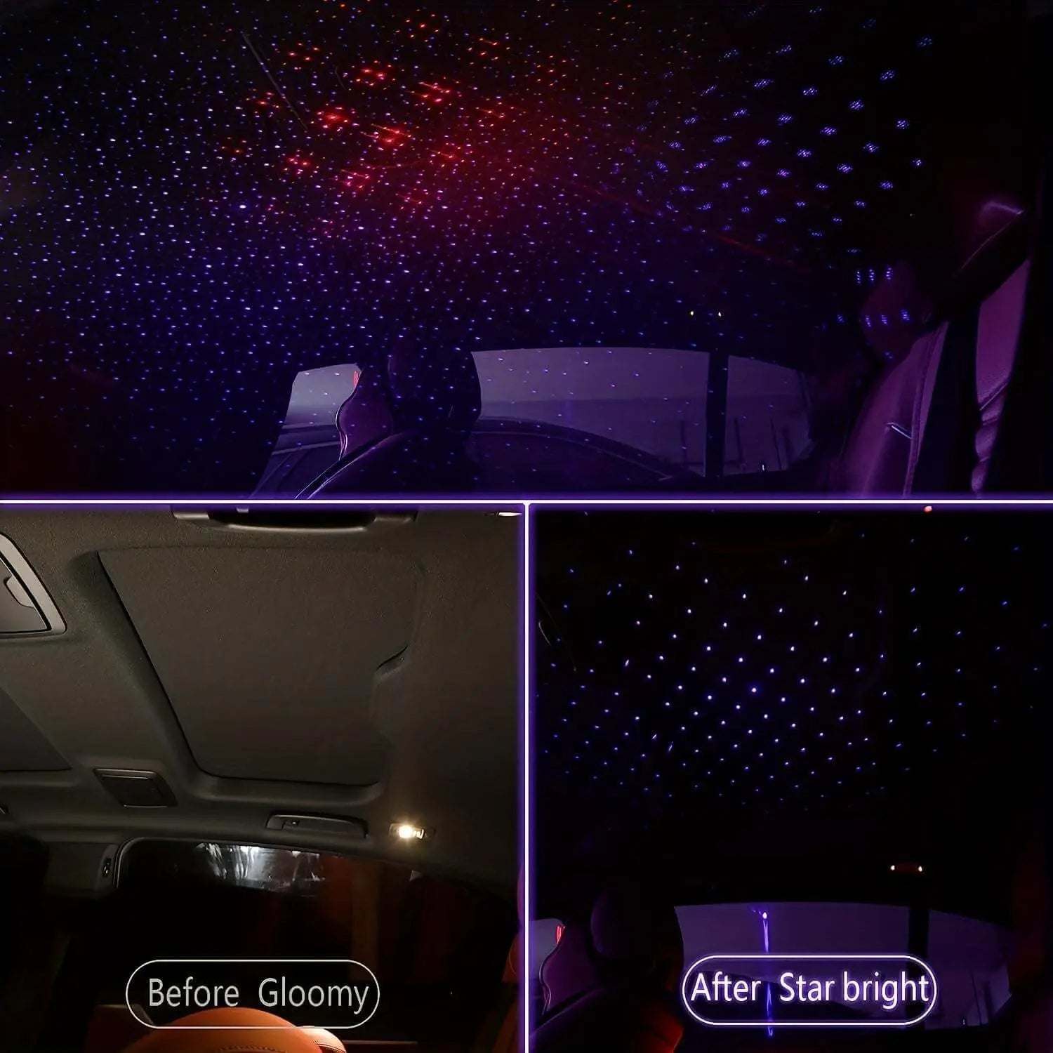 USB star projector night light creating a starry sky on car roof, before and after effect.