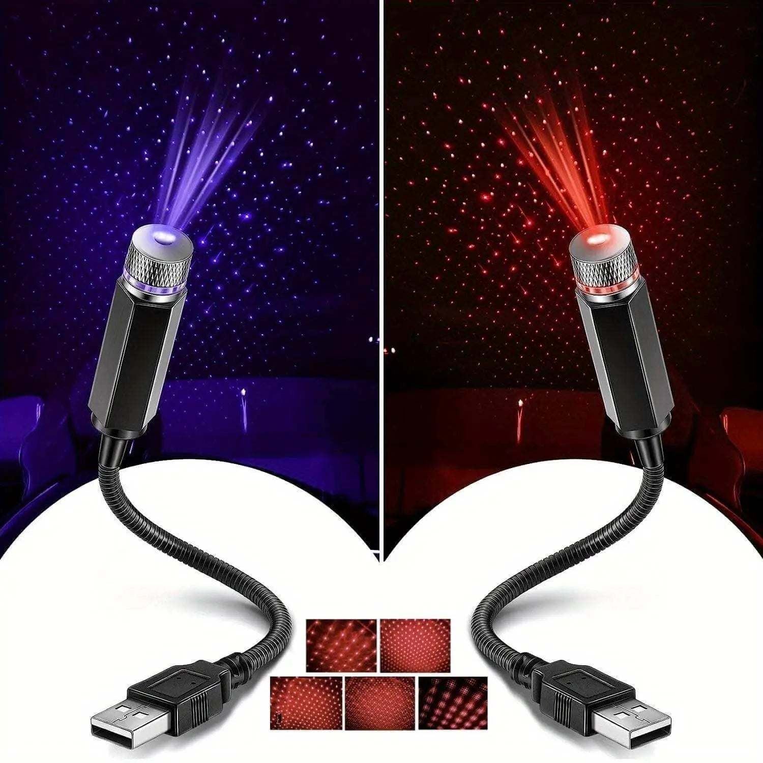 USB star projector night light casting vibrant starry patterns in red and blue, ideal for creating a romantic atmosphere.