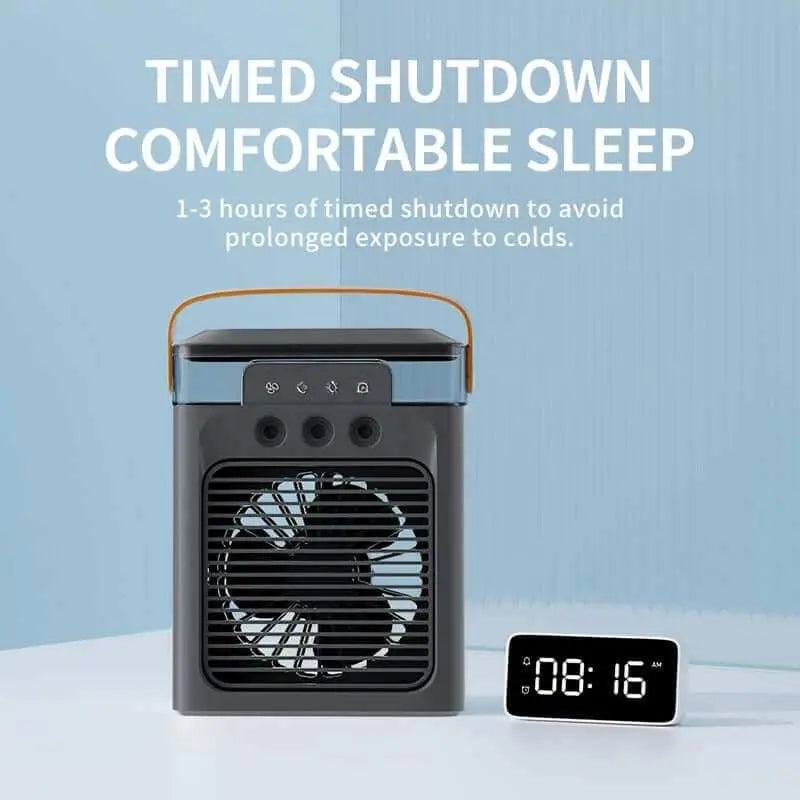 USB-Powered Mini Portable Air Conditioner Fan with timed shutdown for travel and personal cooling.