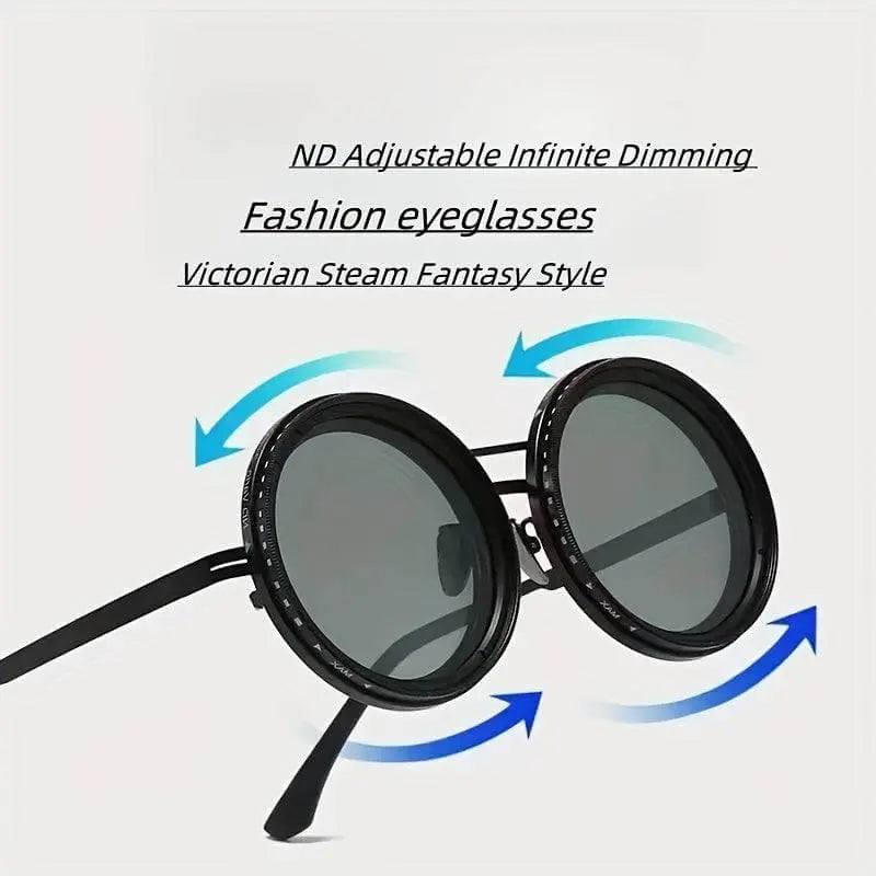 Aluminum frame TAC lenses glasses with polarized lenses, featuring ND adjustable infinite dimming, Victorian steam fantasy style.